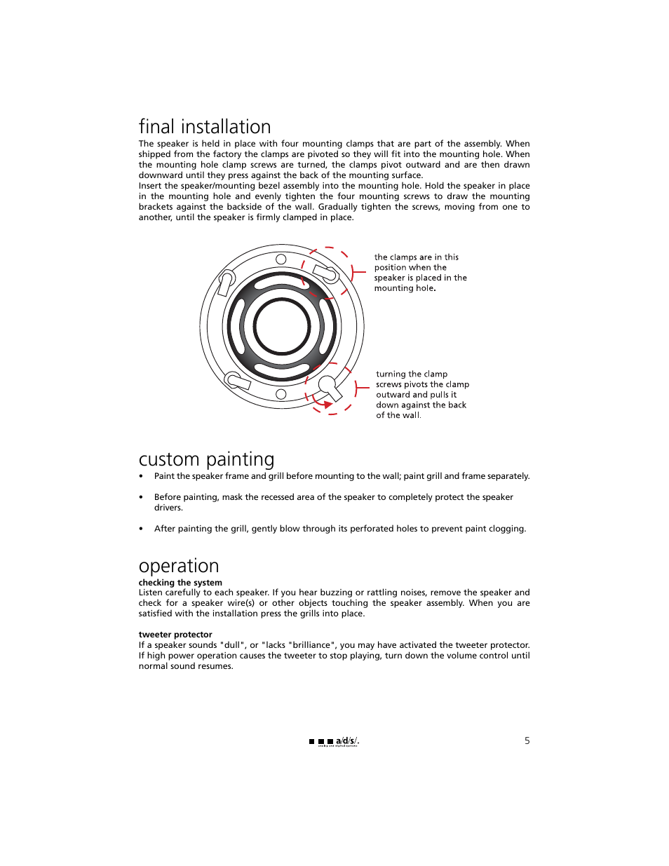 Final installation, Custom painting, Operation | a/d/s/ C62ic User Manual | Page 5 / 8