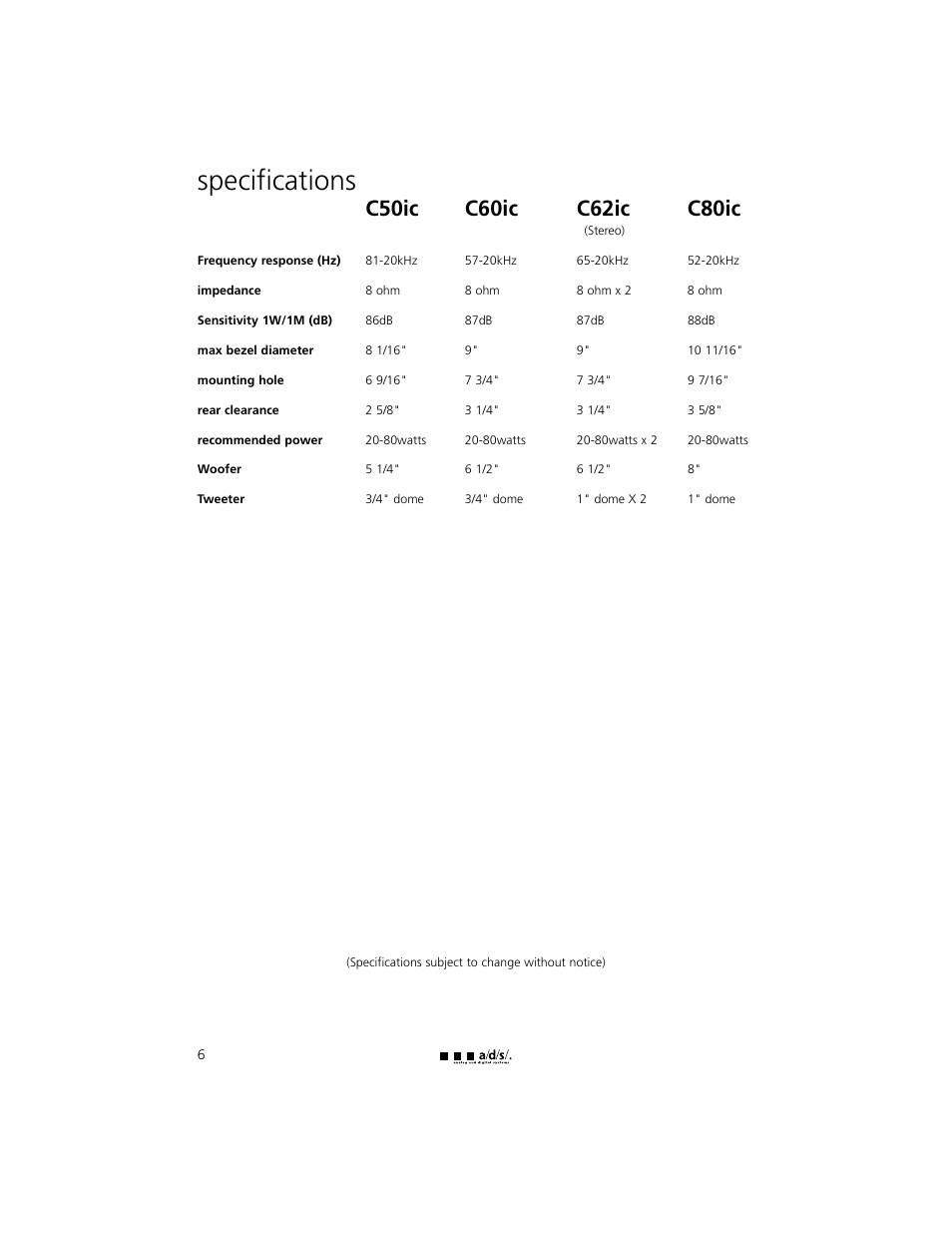 Specifications | a/d/s/ C62ic User Manual | Page 6 / 8