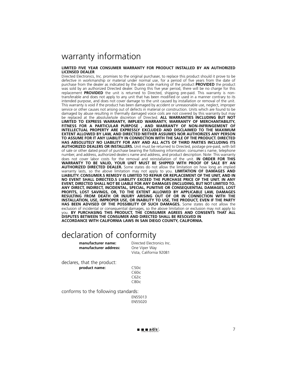 Warranty information, Declaration of conformity | a/d/s/ C62ic User Manual | Page 7 / 8