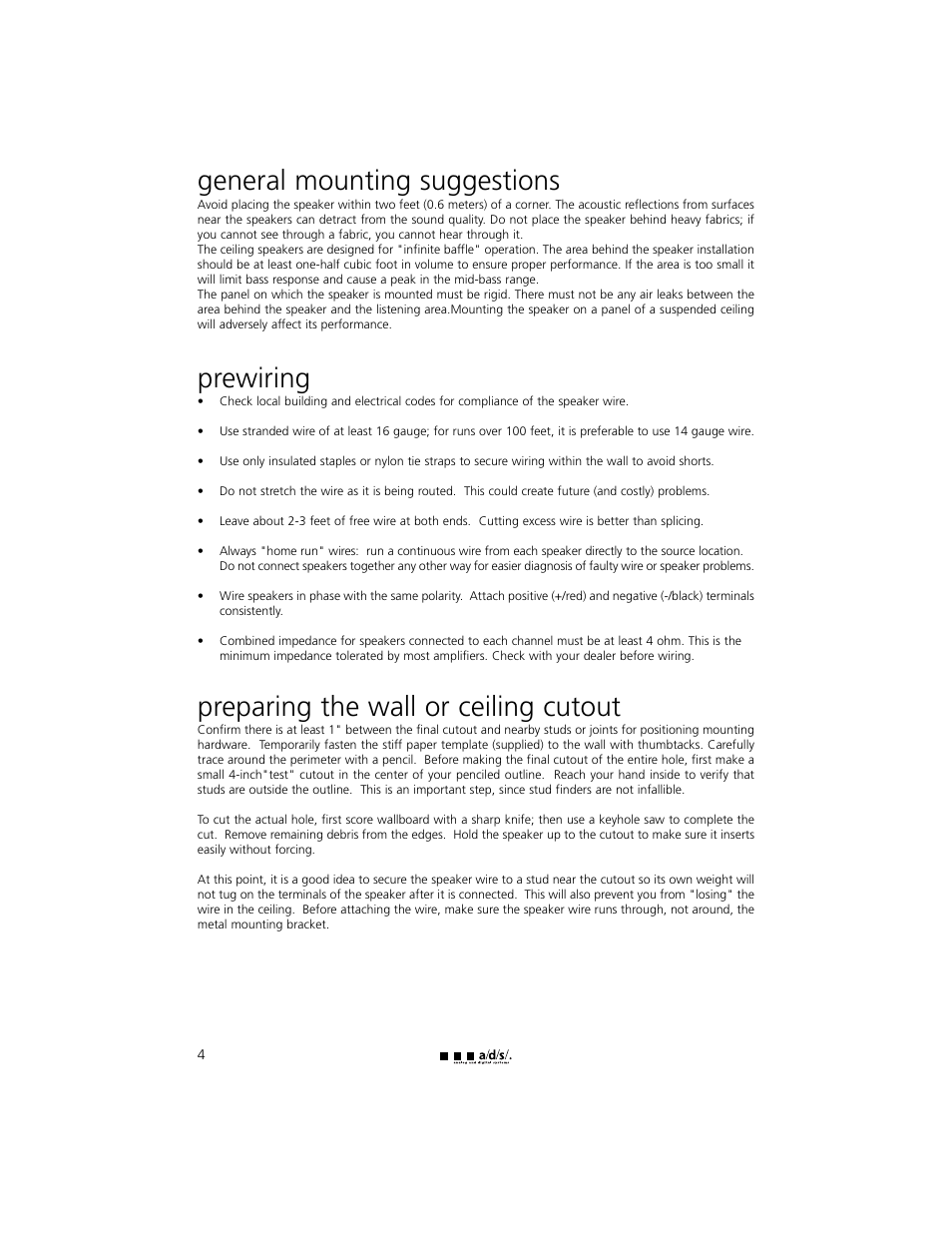 General mounting suggestions, Prewiring, Preparing the wall or ceiling cutout | a/d/s/ HT60ic User Manual | Page 4 / 8