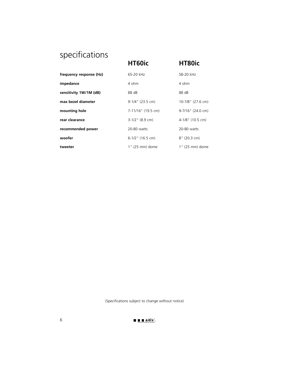 Specifications, Ht60ic ht80ic | a/d/s/ HT60ic User Manual | Page 6 / 8