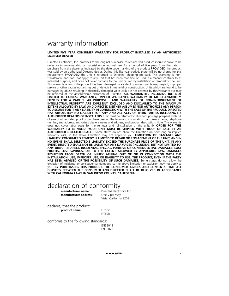 Warranty information, Declaration of conformity | a/d/s/ HT60ic User Manual | Page 7 / 8