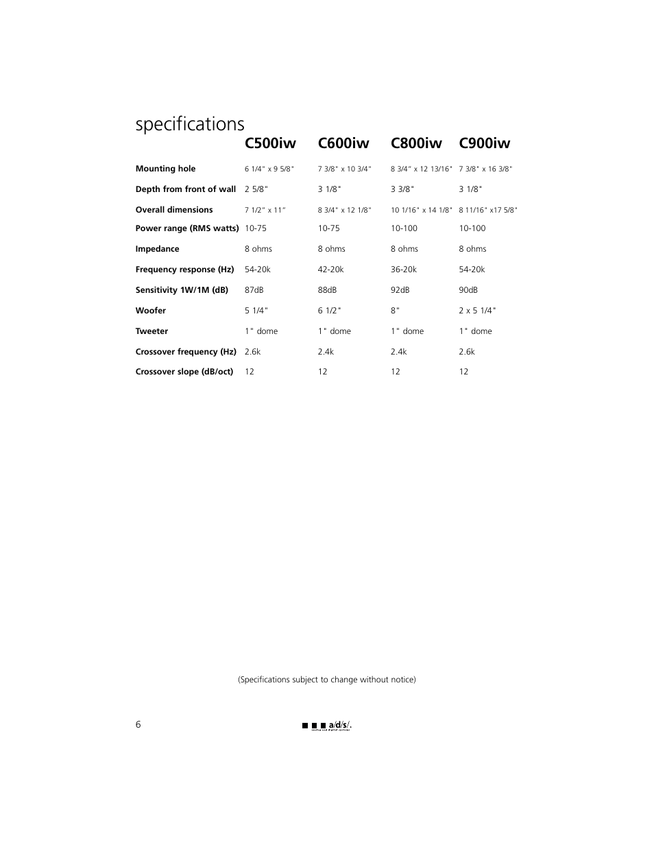 Specifications | a/d/s/ C500iw User Manual | Page 6 / 8