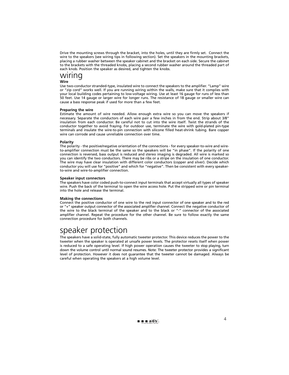 Wiring, Speaker protection | a/d/s/ L210w User Manual | Page 5 / 8