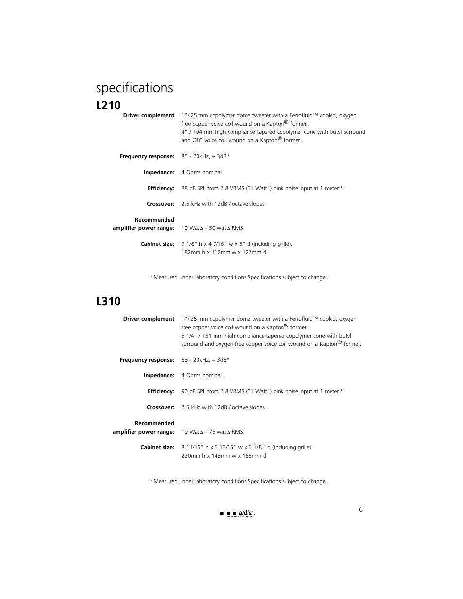 Specifications, L210, L310 | a/d/s/ L210w User Manual | Page 7 / 8