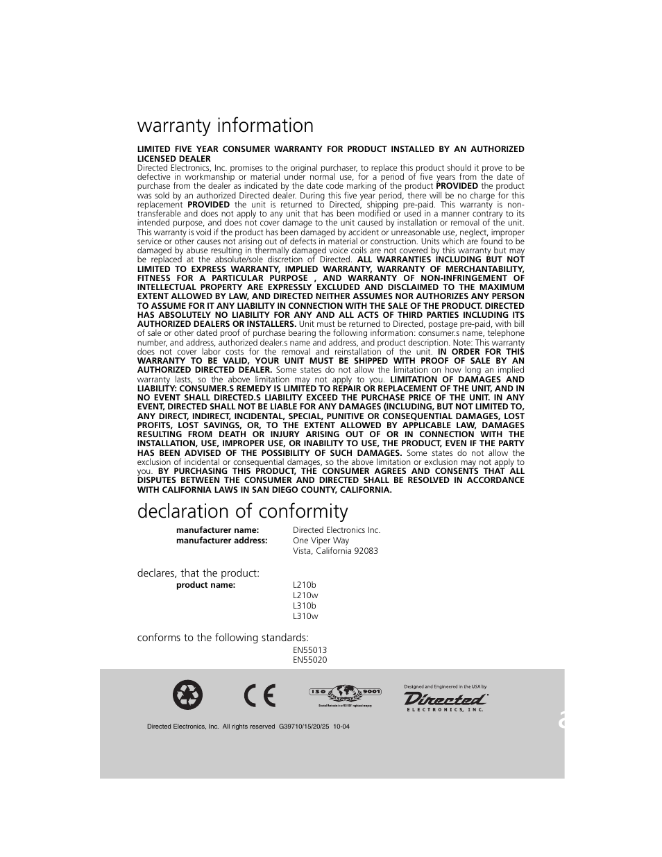 Warranty information, Declaration of conformity | a/d/s/ L210w User Manual | Page 8 / 8