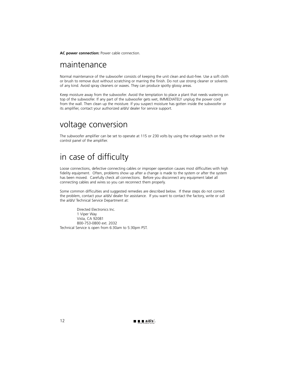 Maintenance, Voltage conversion | a/d/s/ HT12ps User Manual | Page 12 / 20