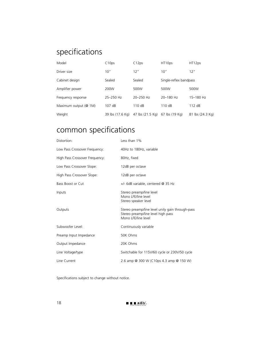 Specifications, Common specifications | a/d/s/ HT12ps User Manual | Page 18 / 20