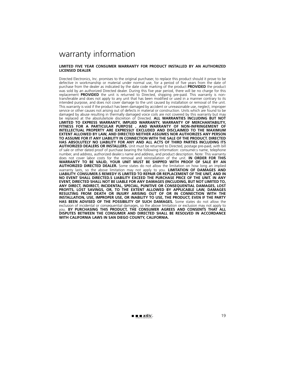 Warranty information | a/d/s/ HT12ps User Manual | Page 19 / 20