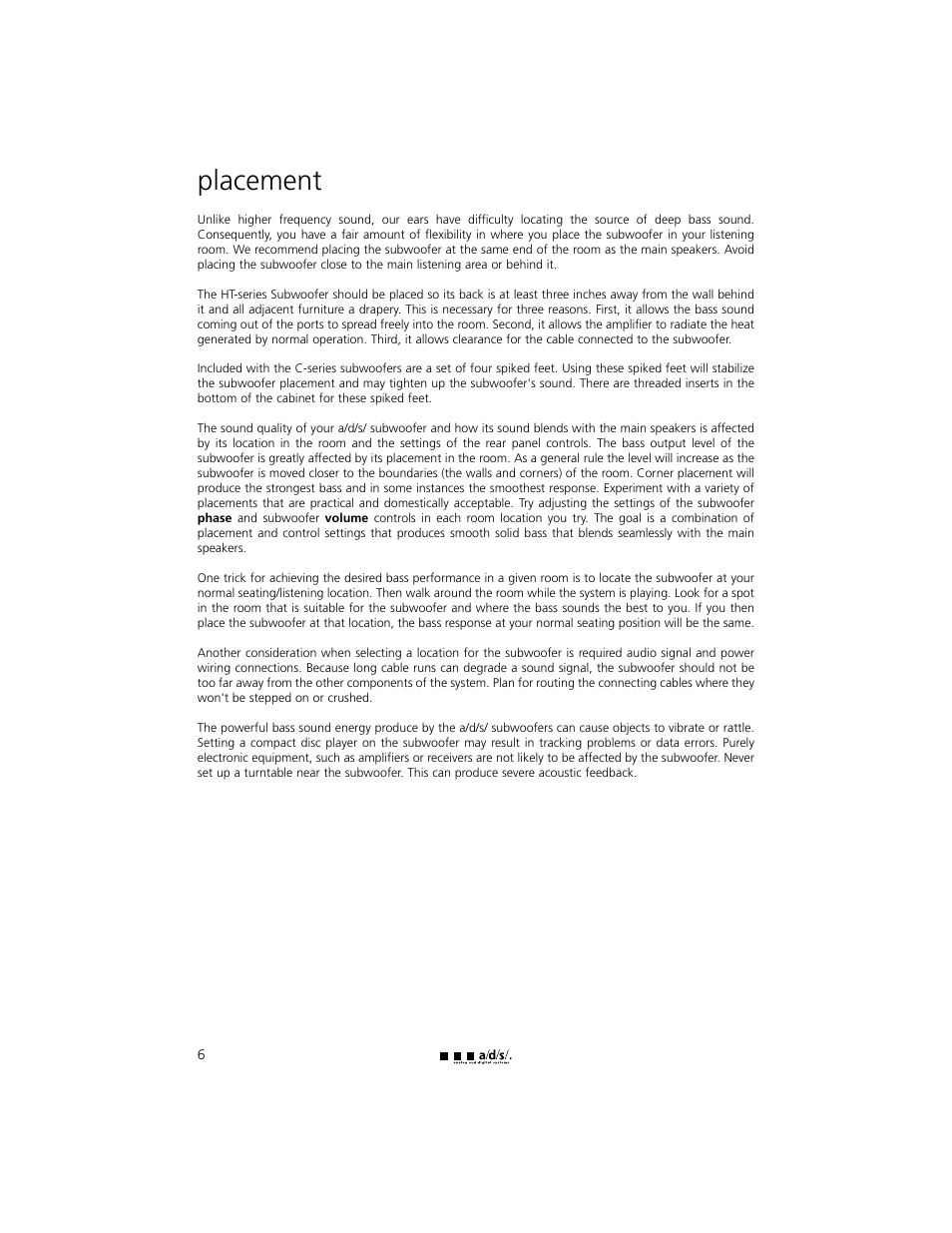Placement | a/d/s/ HT12ps User Manual | Page 6 / 20