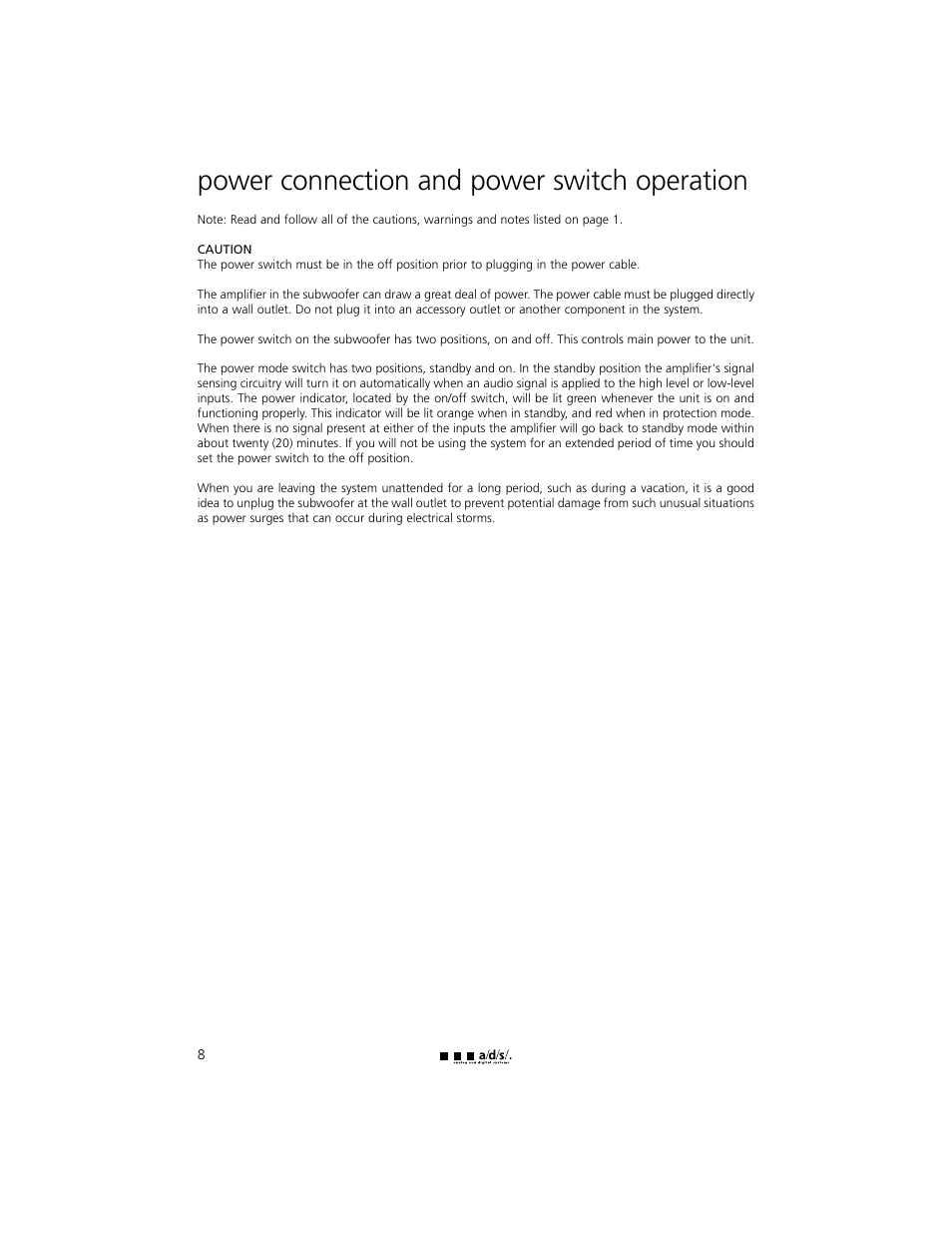 Power connection and power switch operation | a/d/s/ HT12ps User Manual | Page 8 / 20