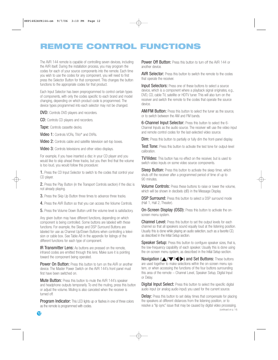 Remote control functions | Harman-Kardon AVR 144 User Manual | Page 12 / 64
