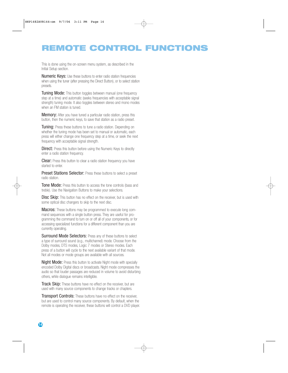 Remote control functions | Harman-Kardon AVR 144 User Manual | Page 14 / 64
