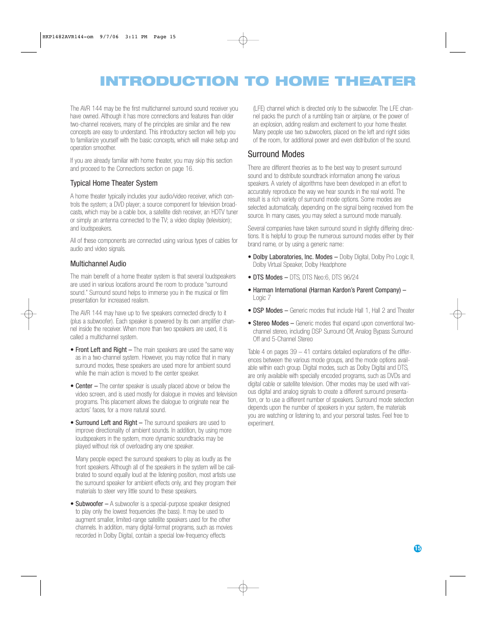 Introduction to home theater, Surround modes | Harman-Kardon AVR 144 User Manual | Page 15 / 64