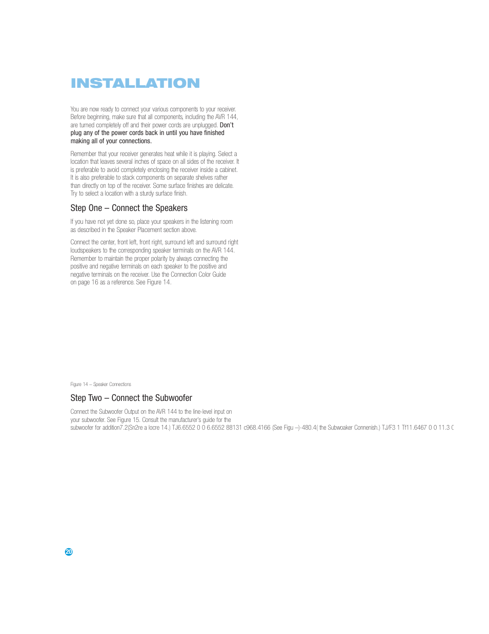 Installation, Step one – connect the speakers, Step two – connect the subwoofer | Harman-Kardon AVR 144 User Manual | Page 20 / 64