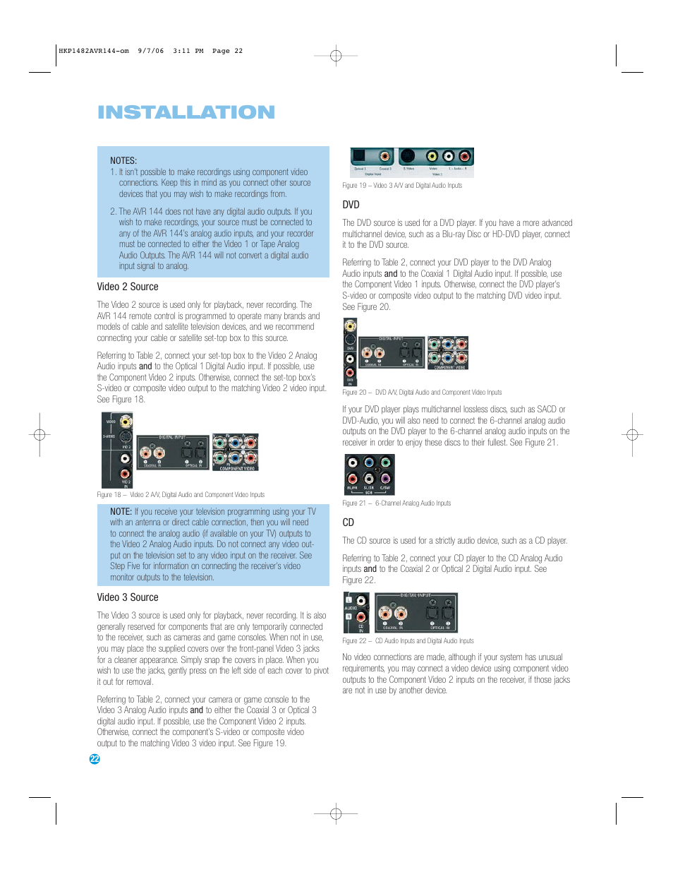 Installation | Harman-Kardon AVR 144 User Manual | Page 22 / 64