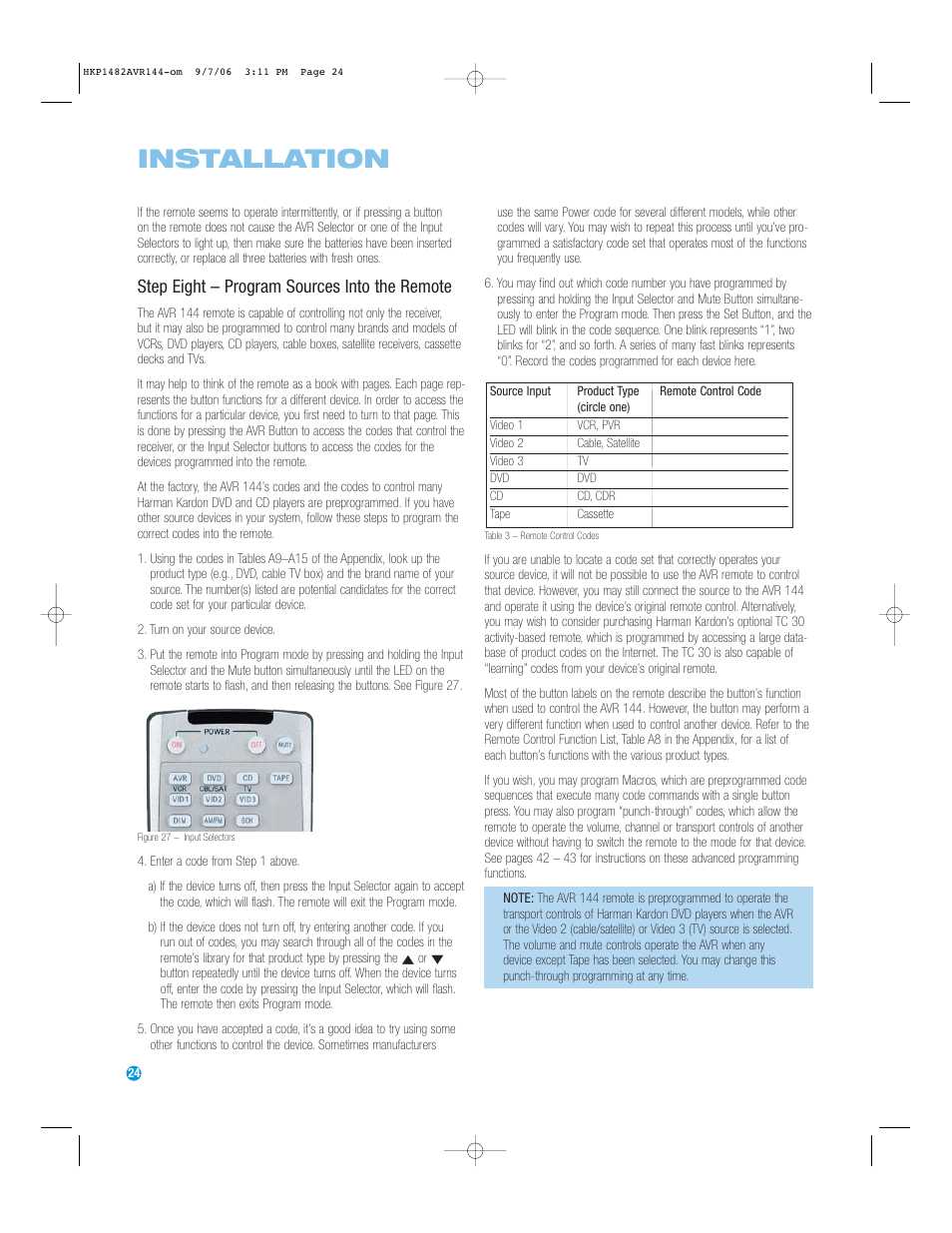 Installation, Step eight – program sources into the remote | Harman-Kardon AVR 144 User Manual | Page 24 / 64