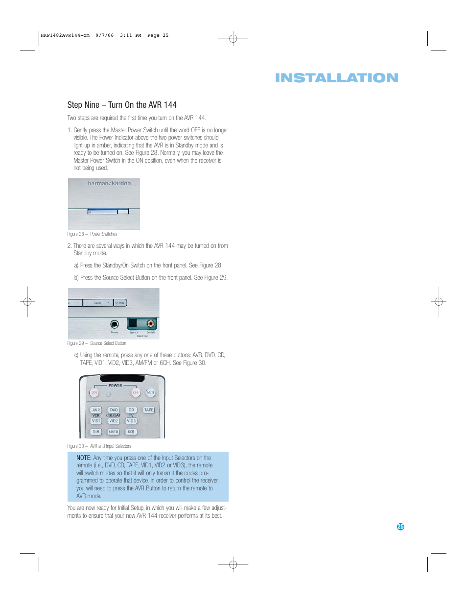 Installation, Step nine – turn on the avr 144 | Harman-Kardon AVR 144 User Manual | Page 25 / 64