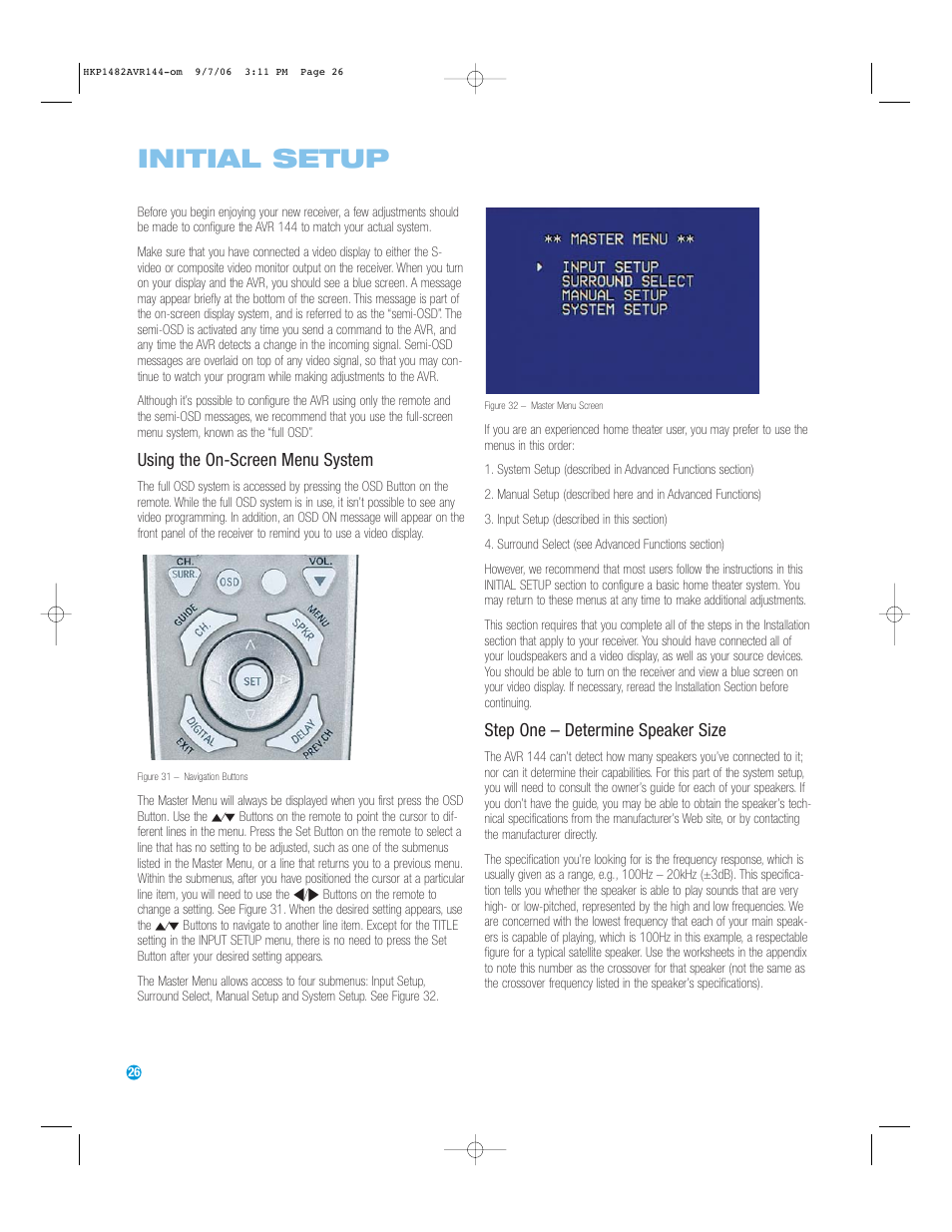 Initial setup, Using the on-screen menu system, Step one – determine speaker size | Harman-Kardon AVR 144 User Manual | Page 26 / 64