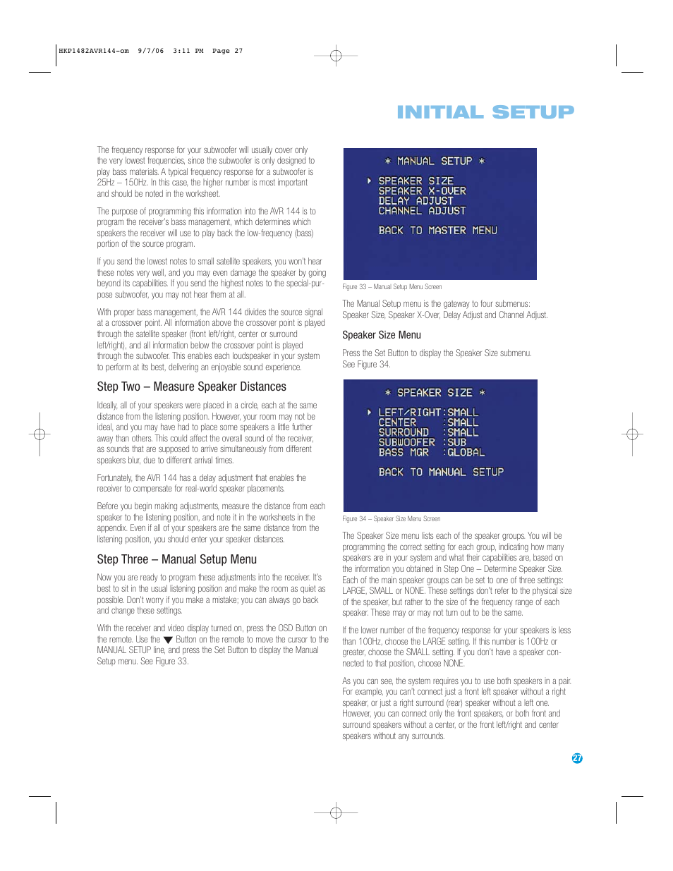 Initial setup, Step two – measure speaker distances, Step three – manual setup menu | Harman-Kardon AVR 144 User Manual | Page 27 / 64