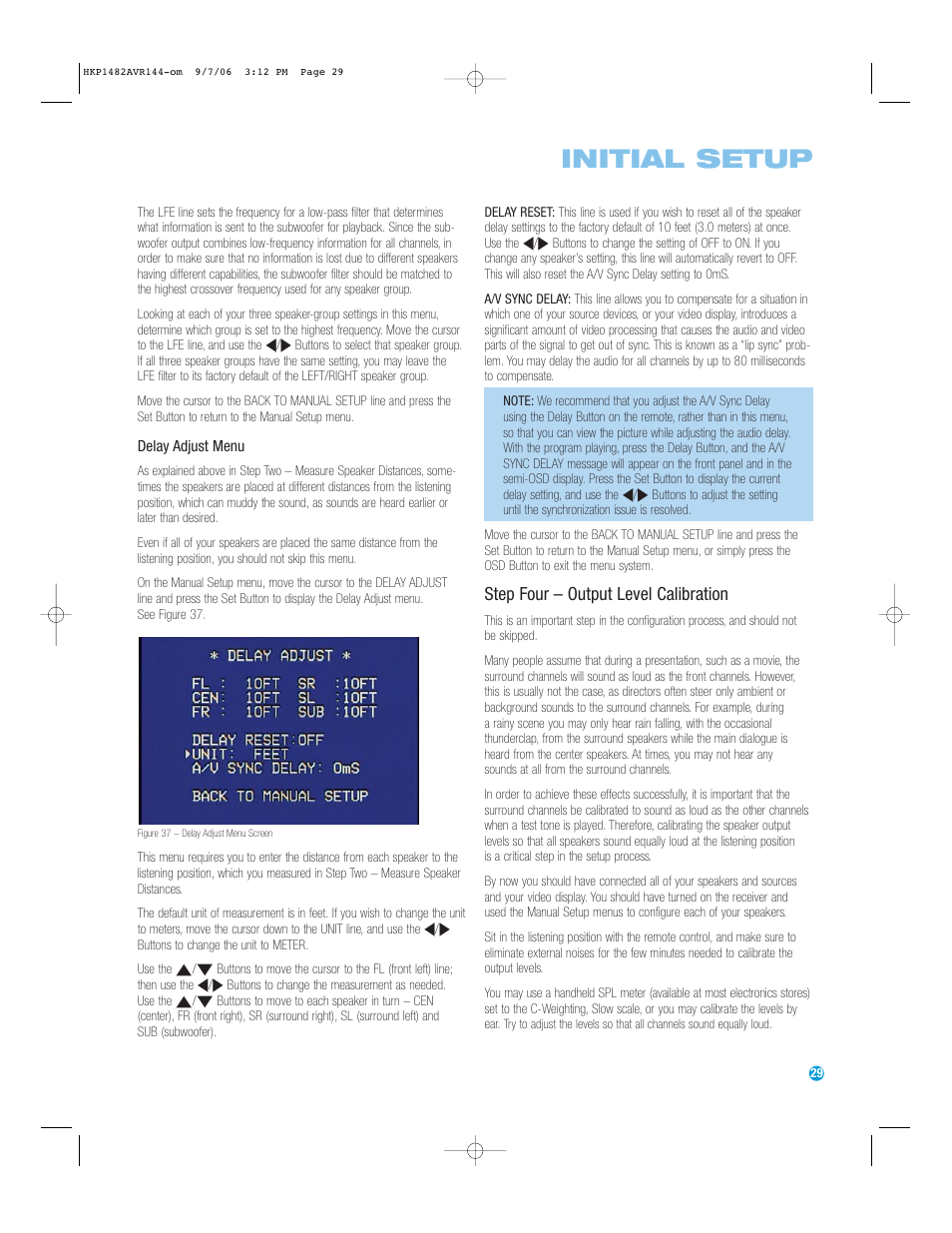 Initial setup, Step four – output level calibration | Harman-Kardon AVR 144 User Manual | Page 29 / 64