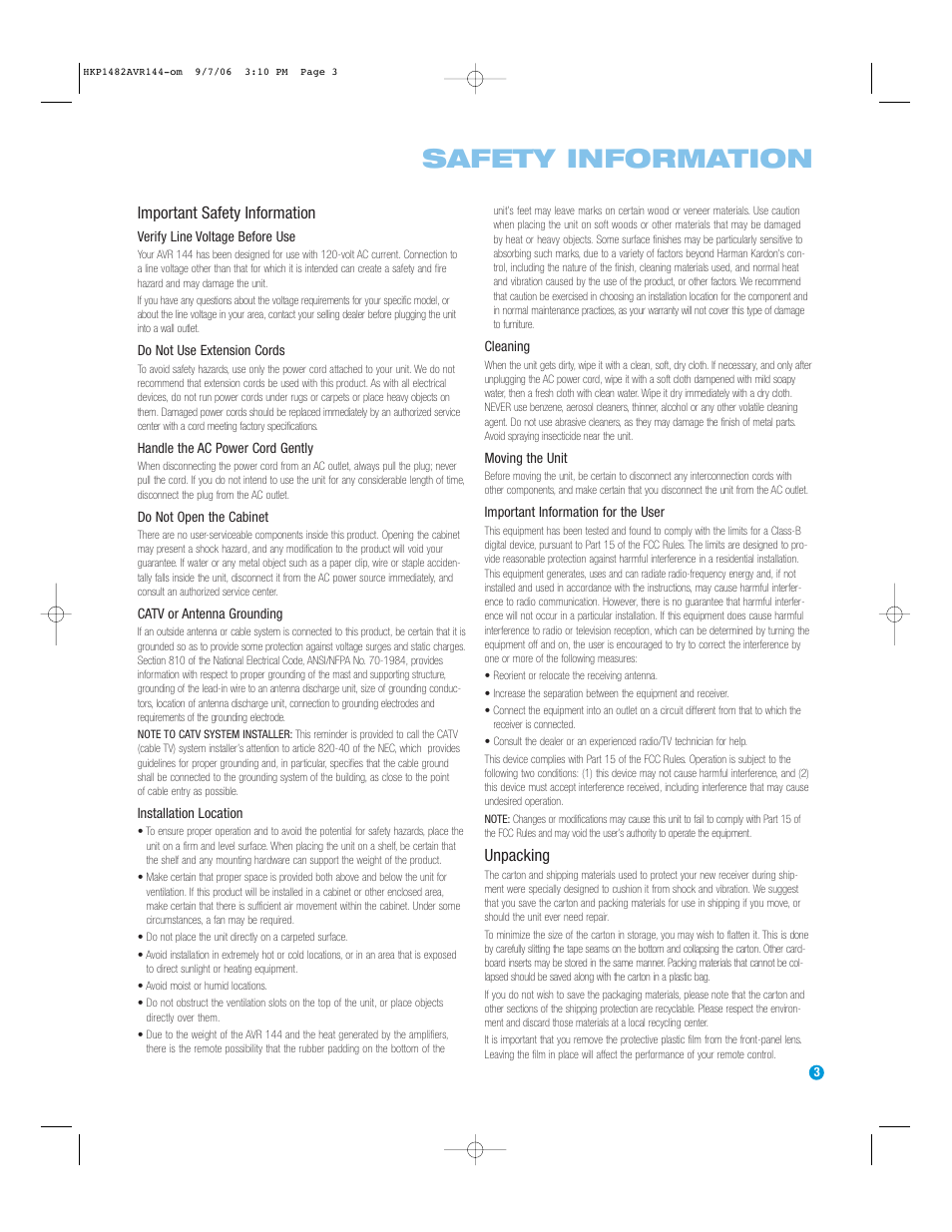 Safety information, Important safety information, Unpacking | Harman-Kardon AVR 144 User Manual | Page 3 / 64
