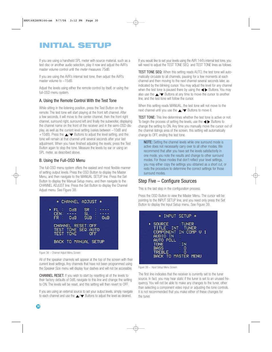 Initial setup, Step five – configure sources | Harman-Kardon AVR 144 User Manual | Page 30 / 64