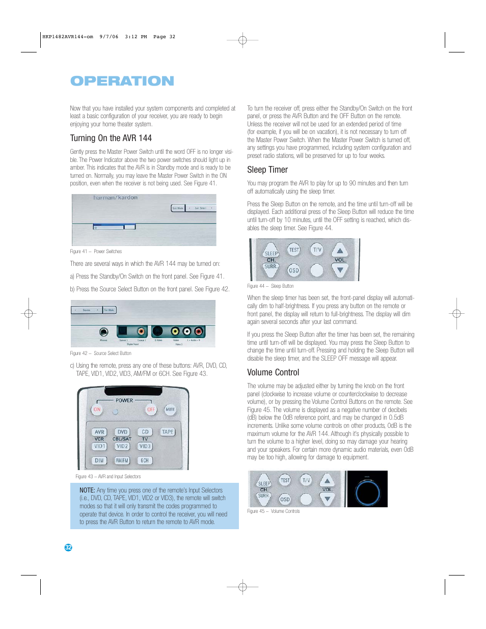 Operation, Turning on the avr 144, Sleep timer | Volume control | Harman-Kardon AVR 144 User Manual | Page 32 / 64