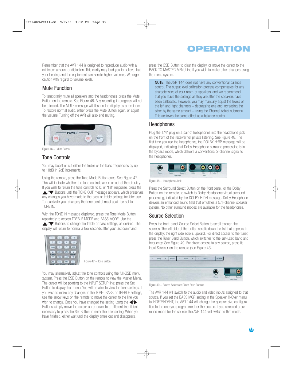 Operation, Mute function, Tone controls | Headphones, Source selection | Harman-Kardon AVR 144 User Manual | Page 33 / 64