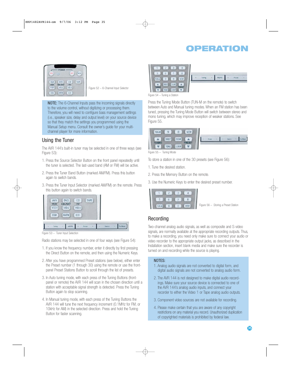 Operation, Using the tuner, Recording | Harman-Kardon AVR 144 User Manual | Page 35 / 64