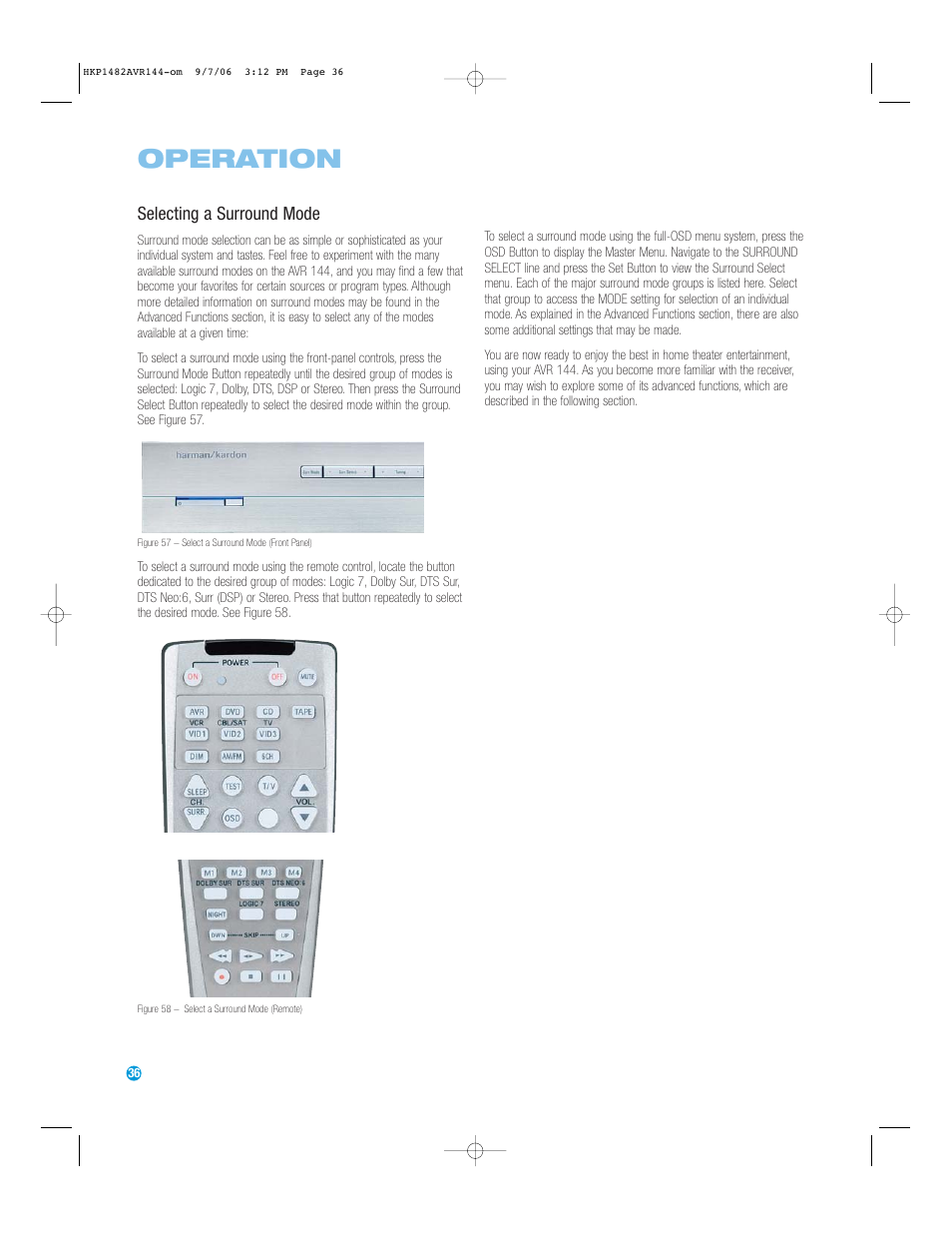 Operation, Selecting a surround mode | Harman-Kardon AVR 144 User Manual | Page 36 / 64