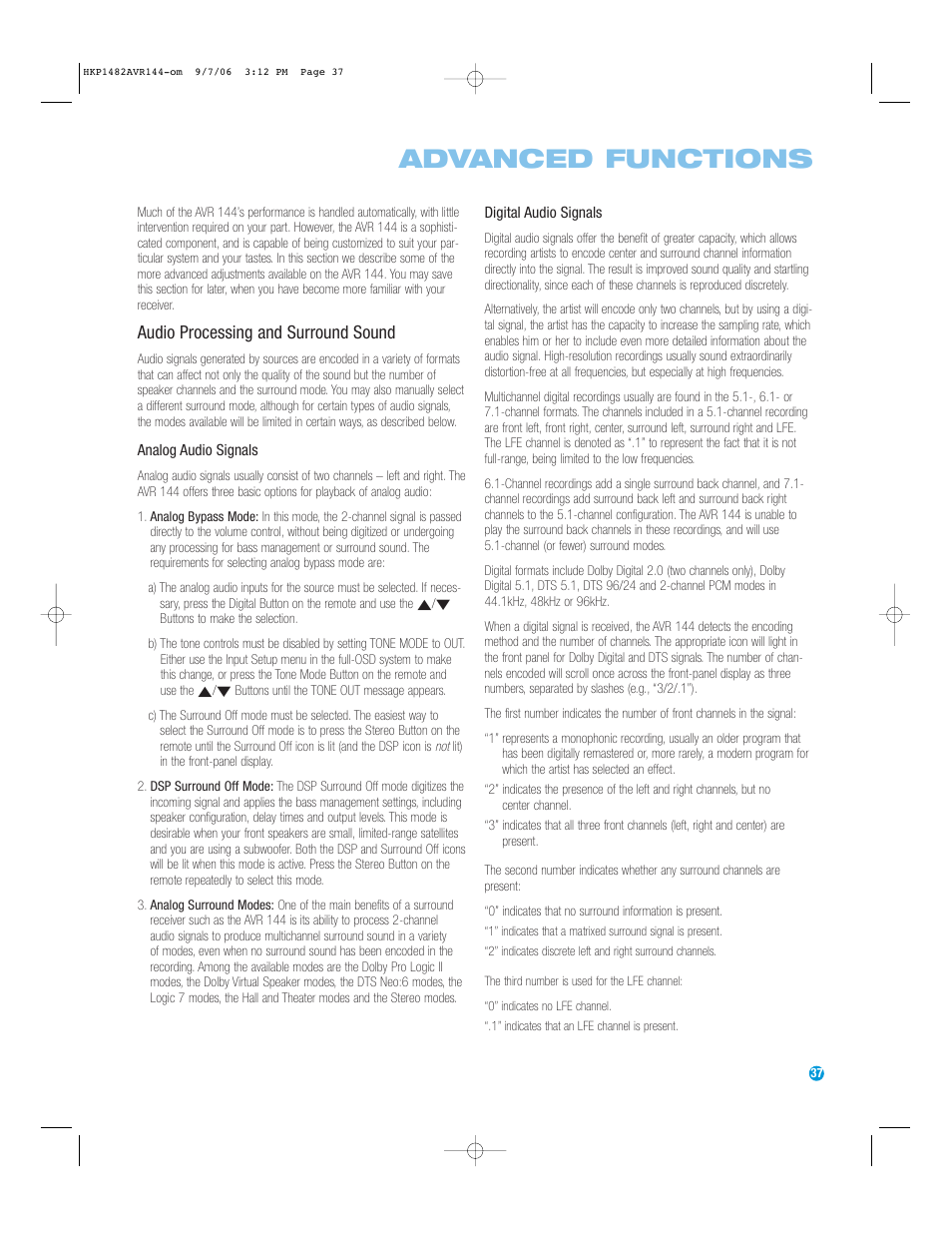 Advanced functions, Audio processing and surround sound | Harman-Kardon AVR 144 User Manual | Page 37 / 64