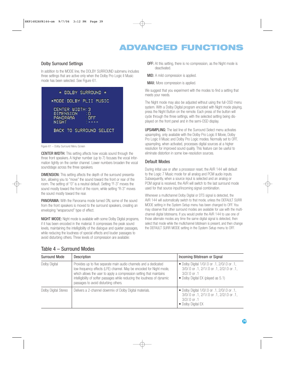 Advanced functions, Table 4 – surround modes | Harman-Kardon AVR 144 User Manual | Page 39 / 64