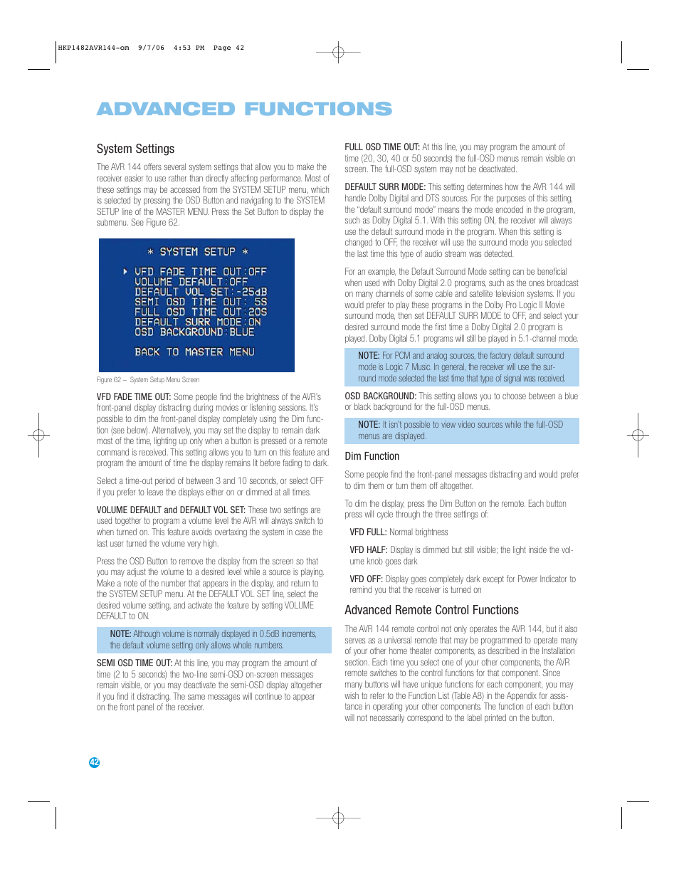 Advanced functions, System settings, Advanced remote control functions | Harman-Kardon AVR 144 User Manual | Page 42 / 64
