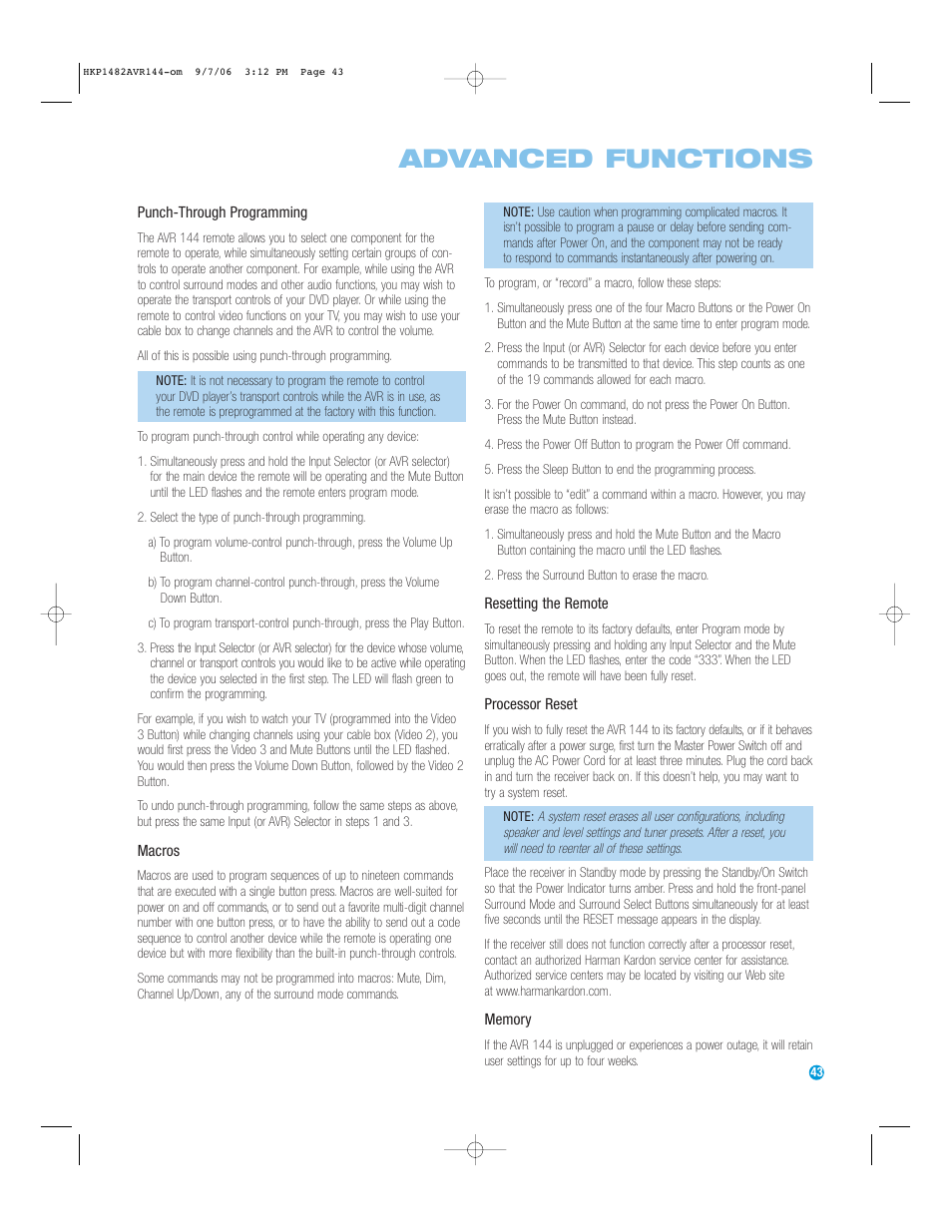 Advanced functions | Harman-Kardon AVR 144 User Manual | Page 43 / 64