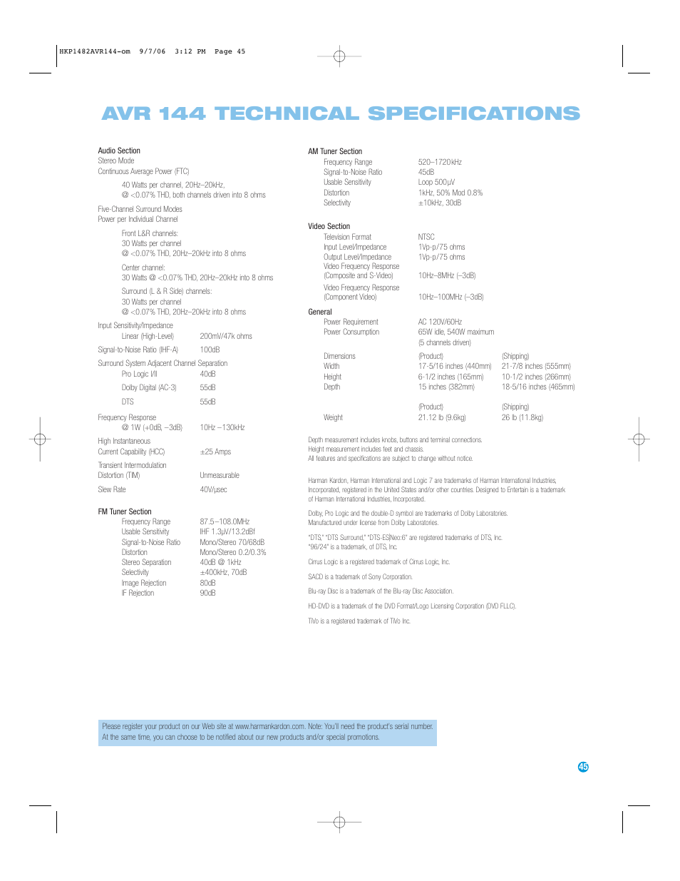 Avr 144 technical specifications | Harman-Kardon AVR 144 User Manual | Page 45 / 64