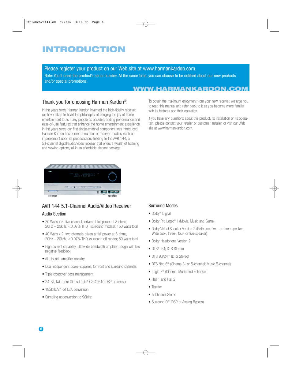Introduction | Harman-Kardon AVR 144 User Manual | Page 6 / 64