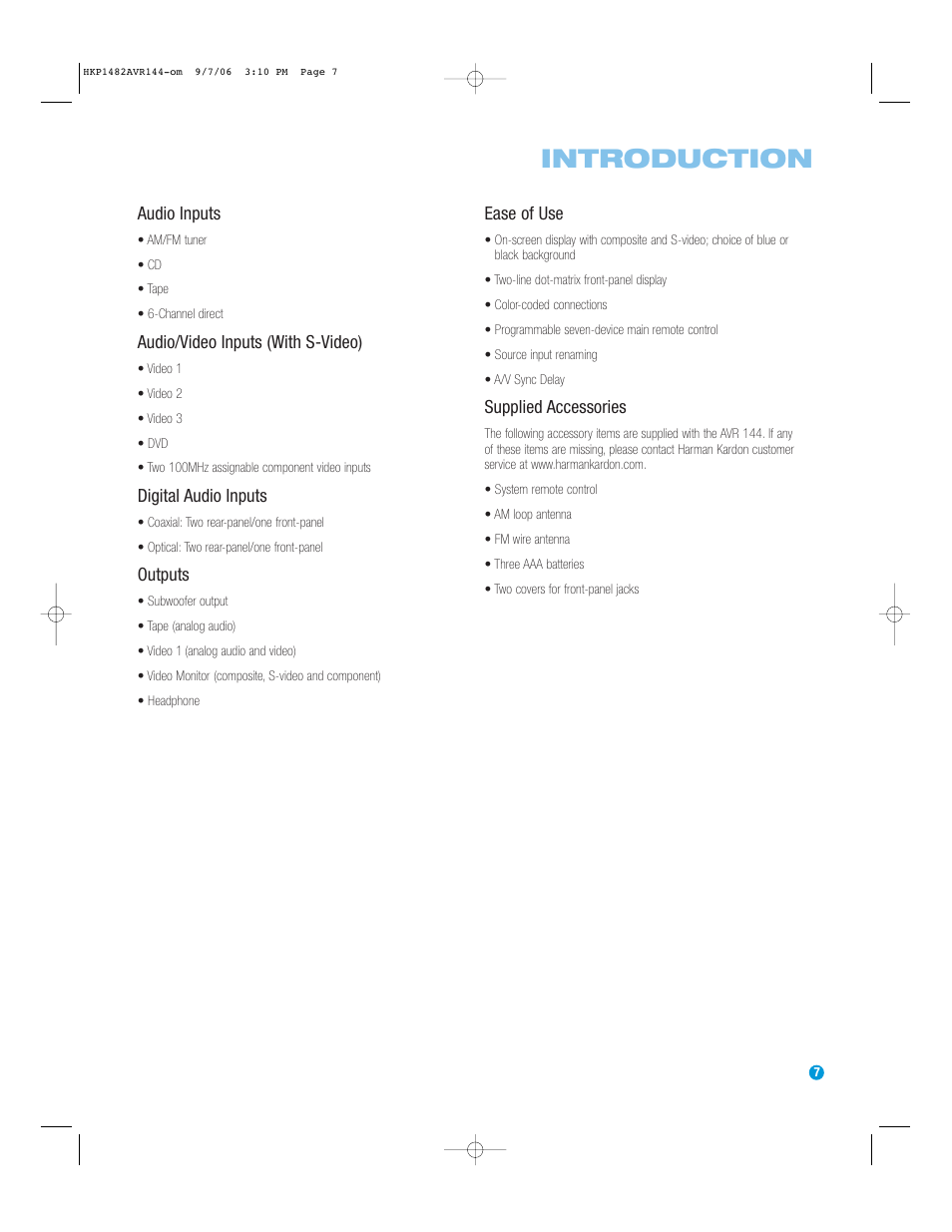 Introduction, Audio inputs, Audio/video inputs (with s-video) | Digital audio inputs, Outputs, Ease of use, Supplied accessories | Harman-Kardon AVR 144 User Manual | Page 7 / 64