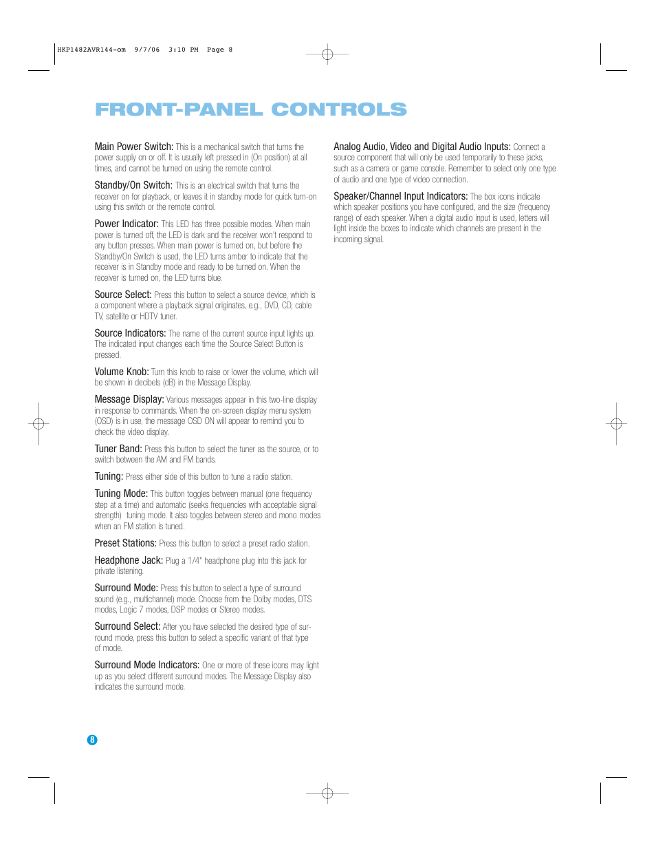 Front-panel controls | Harman-Kardon AVR 144 User Manual | Page 8 / 64