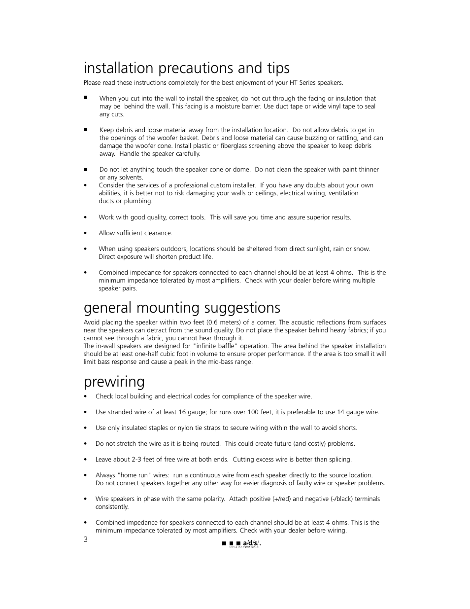 Installation precautions and tips, General mounting suggestions, Prewiring | a/d/s/ HT300iw User Manual | Page 4 / 10
