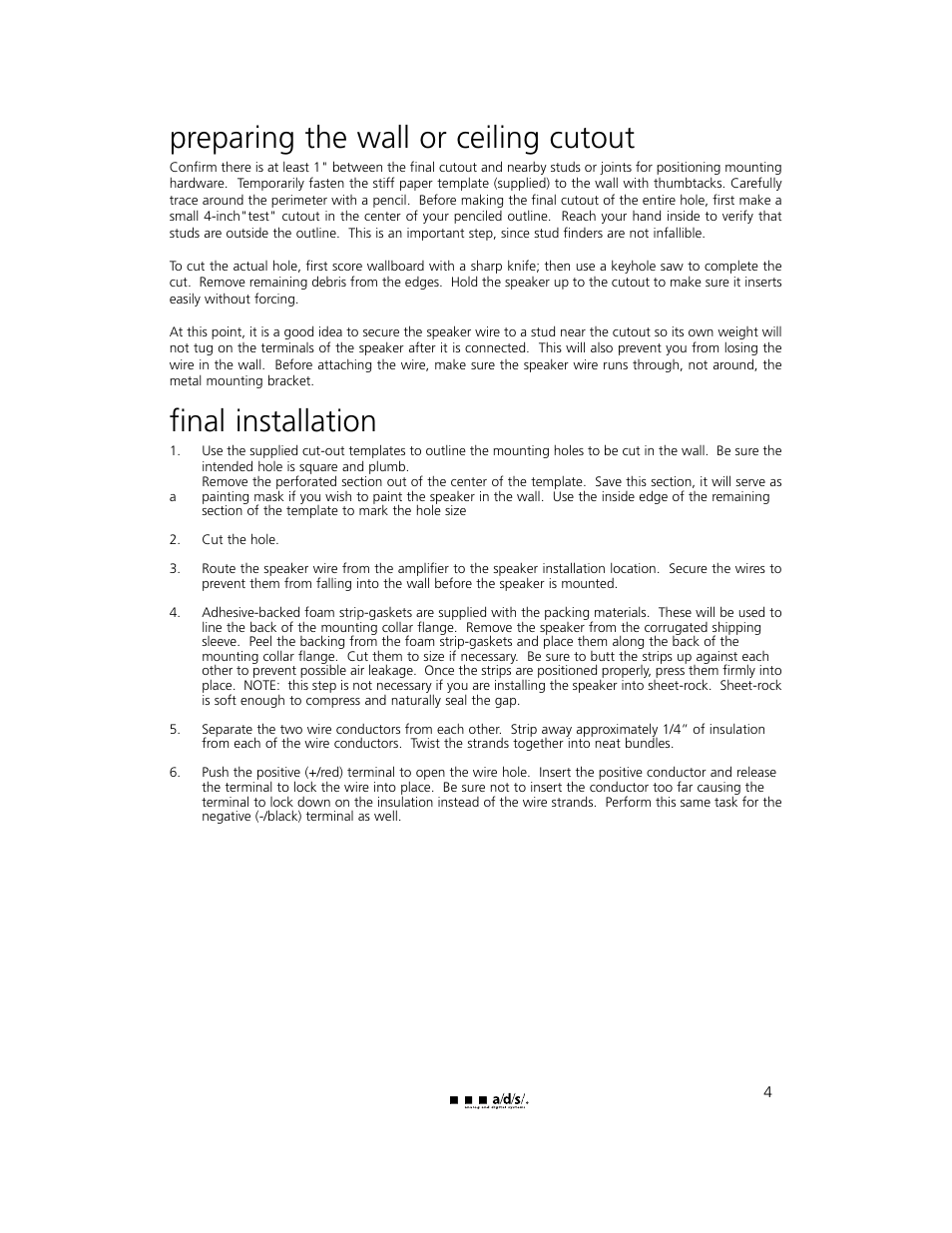 Preparing the wall or ceiling cutout, Final installation | a/d/s/ HT300iw User Manual | Page 5 / 10