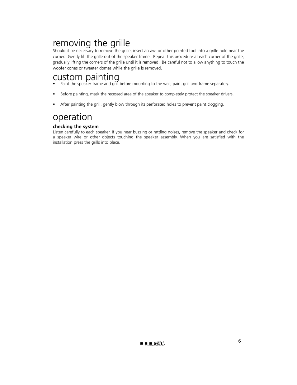 Removing the grille, Custom painting, Operation | a/d/s/ HT300iw User Manual | Page 7 / 10