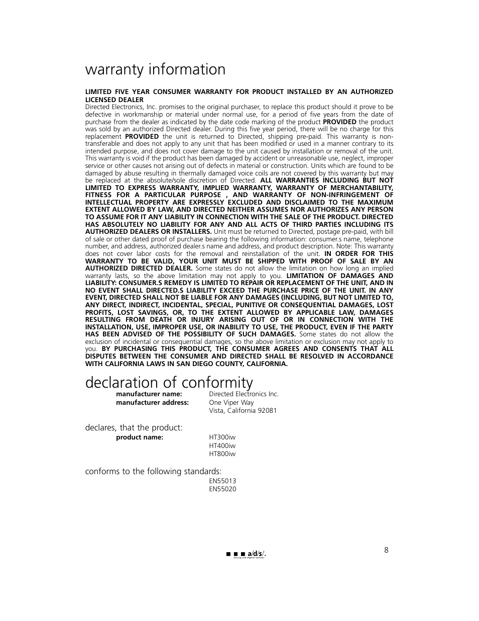 Warranty information, Declaration of conformity | a/d/s/ HT300iw User Manual | Page 9 / 10