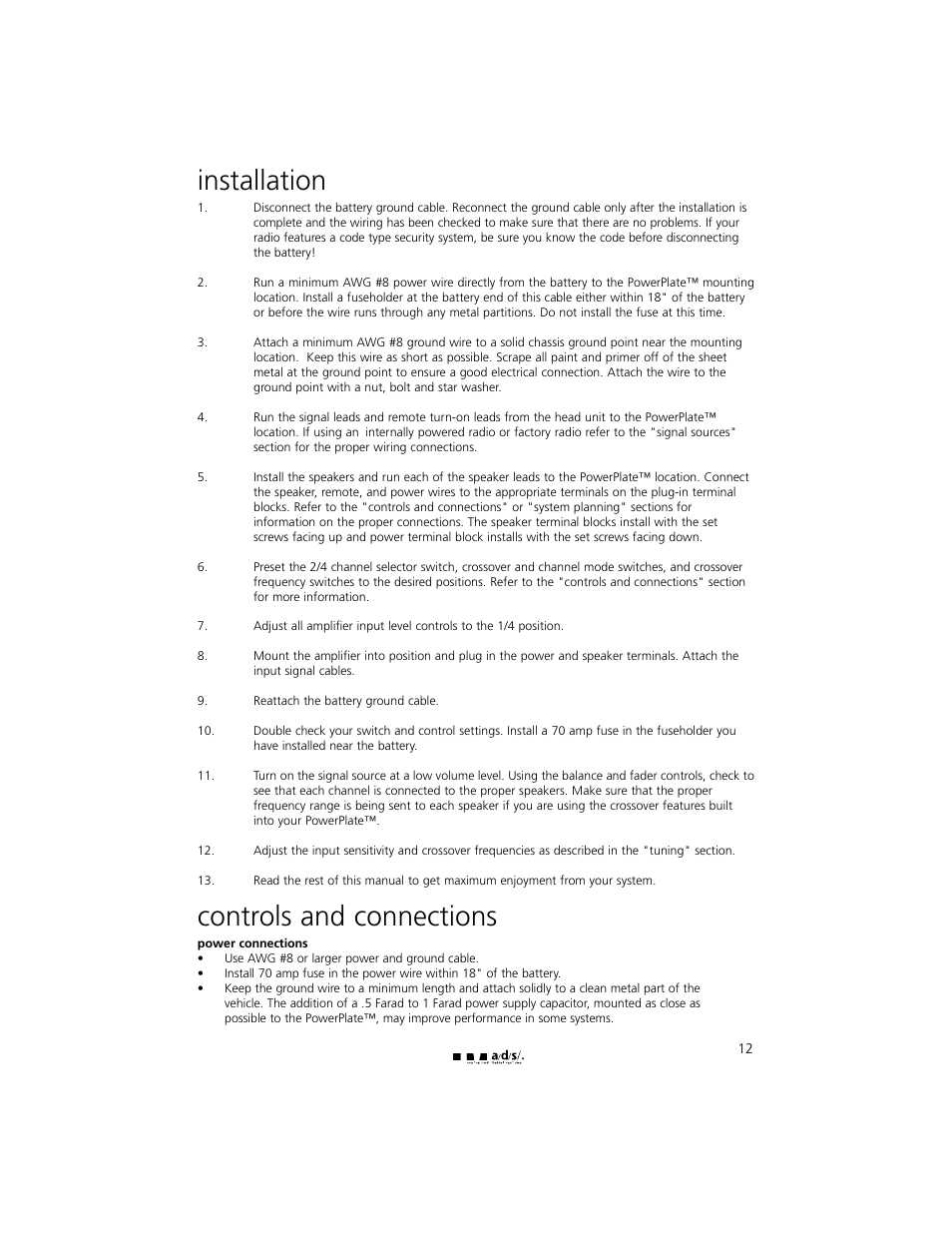 Installation, Controls and connections | a/d/s/ PH30.2 User Manual | Page 13 / 24