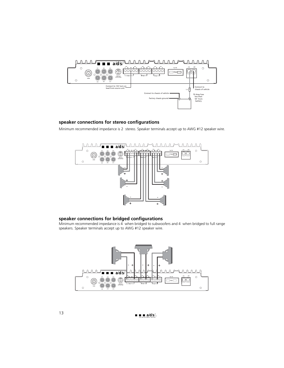 Speaker connections for stereo configurations, Speaker connections for bridged configurations | a/d/s/ PH30.2 User Manual | Page 14 / 24