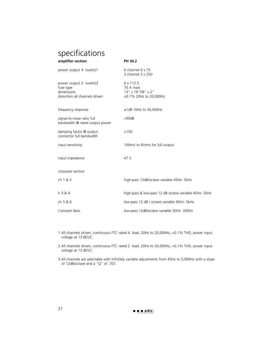 Specifications | a/d/s/ PH30.2 User Manual | Page 22 / 24