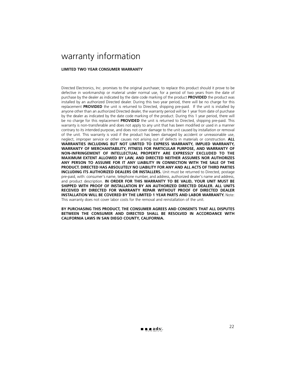 Warranty information | a/d/s/ PH30.2 User Manual | Page 23 / 24