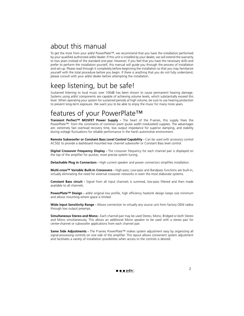 About this manual, Keep listening, but be safe, Features of your powerplate | a/d/s/ PH30.2 User Manual | Page 3 / 24