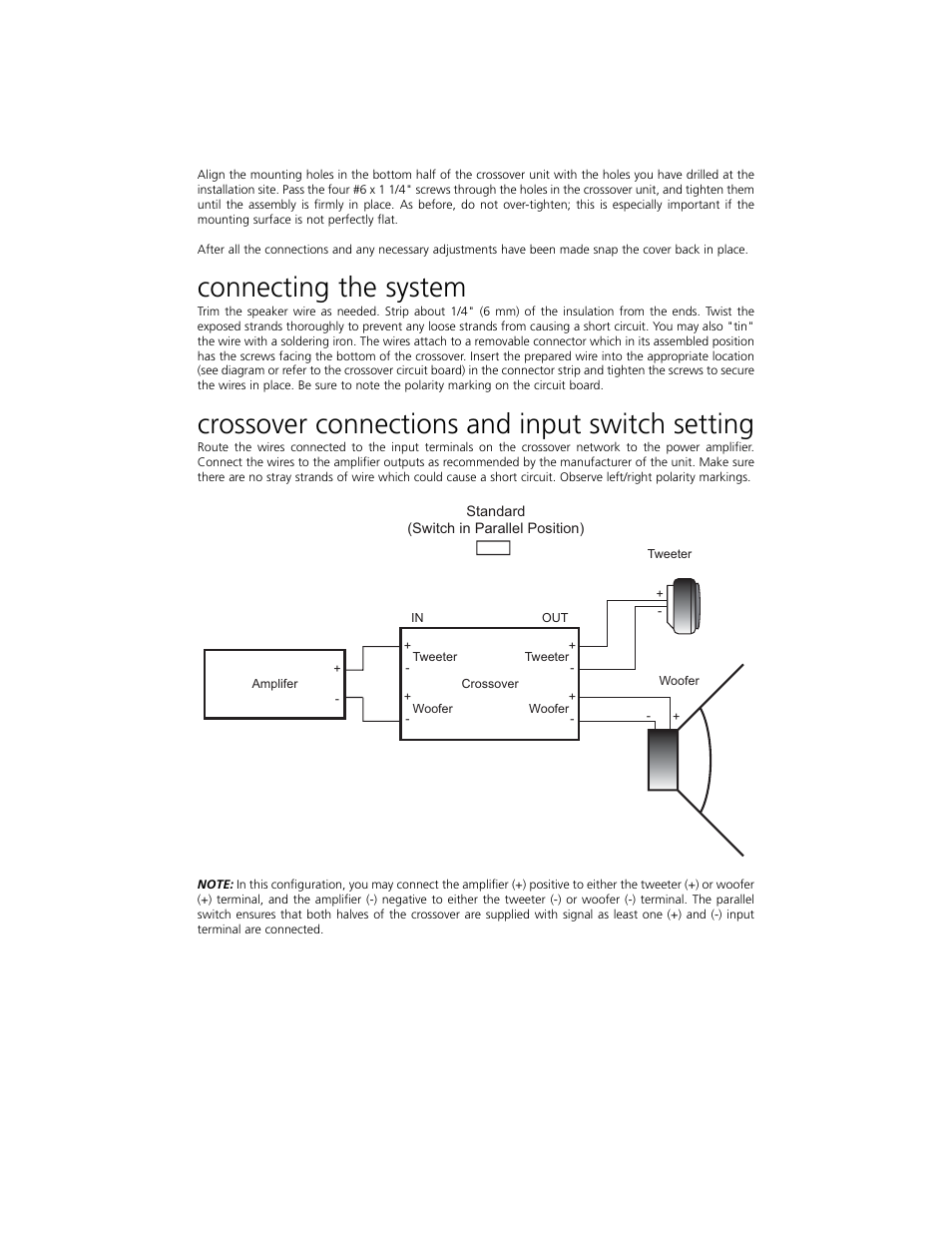 Connecting the system, Crossover connections and input switch setting | a/d/s/ 245ix User Manual | Page 12 / 18