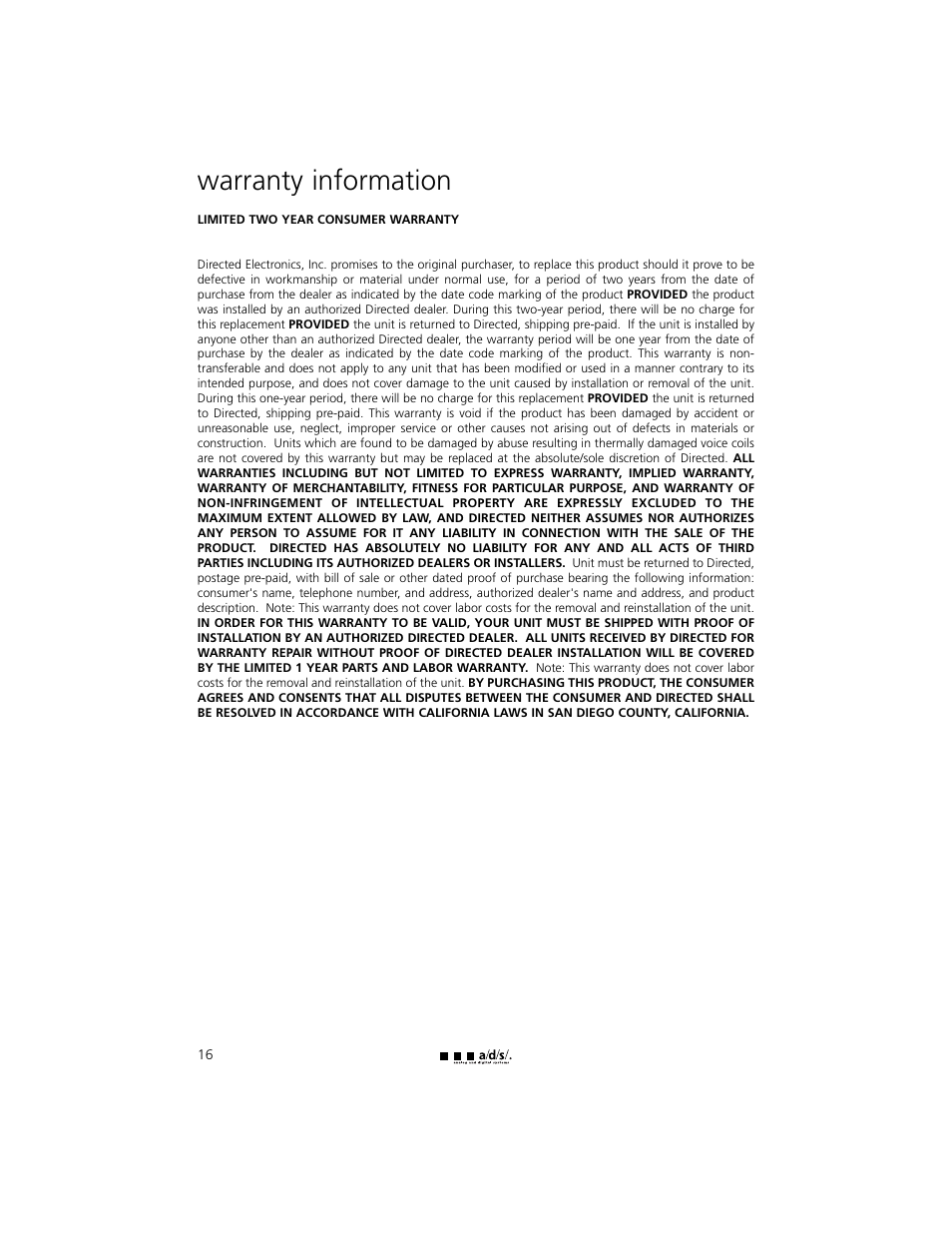 Warranty information | a/d/s/ 245ix User Manual | Page 17 / 18